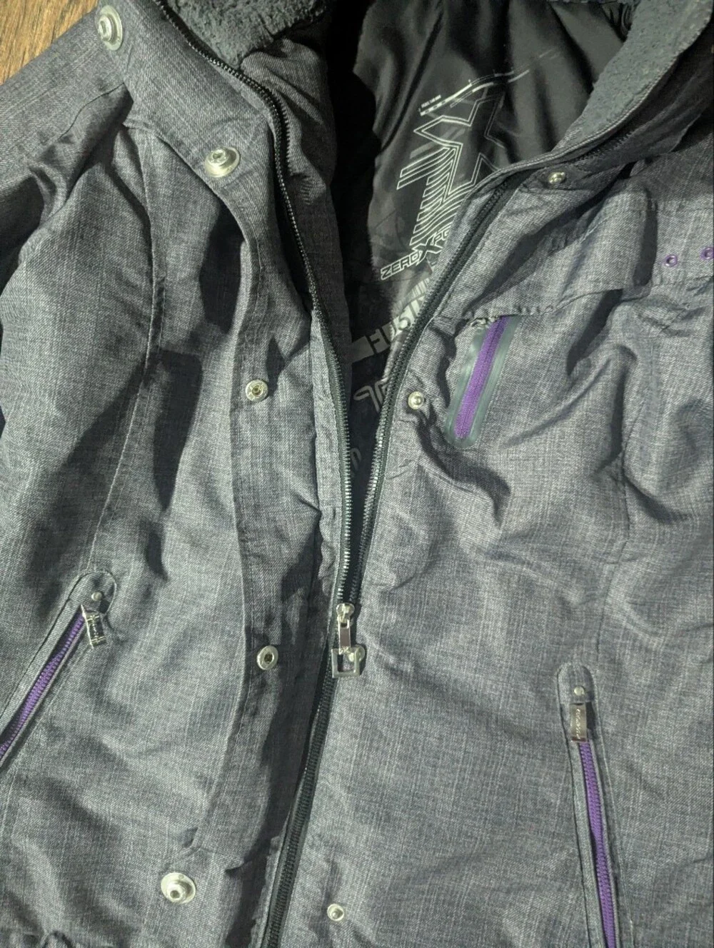 Zeroxposur Womens Charcoal Gray Puffer Jacket Removable Hood Size L Pockets NWOT